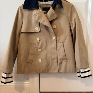 J. Crew Beige Double-Breasted Coat with Dark Blue Accents